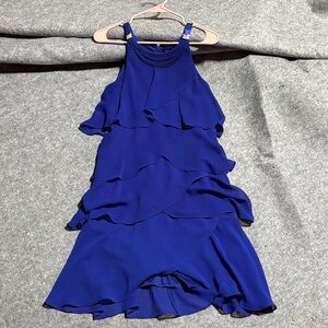 SL Fashions Cobalt Blue Pleated Halter Dress with Rhinestone Accents